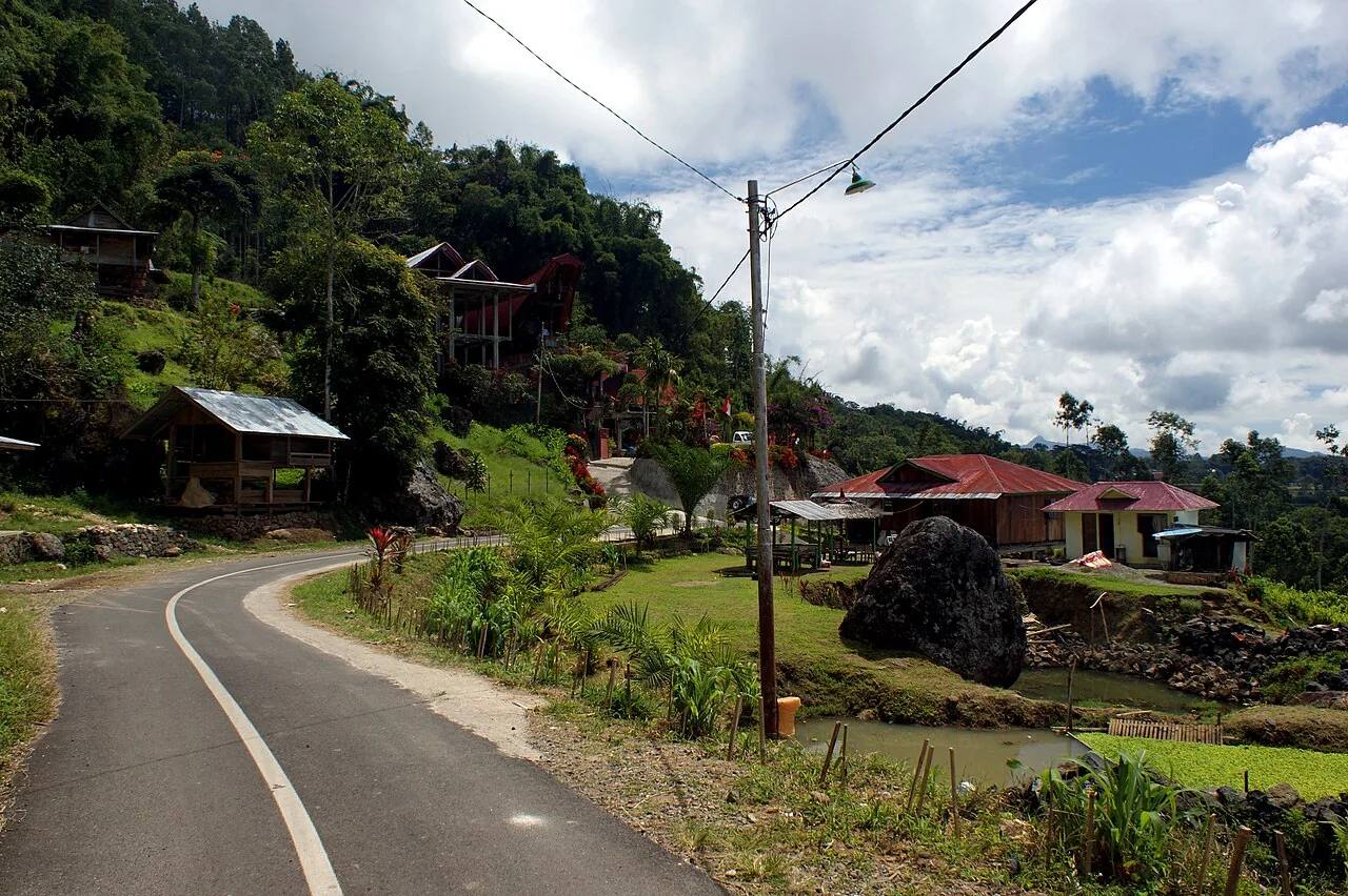 The road through Batutumonga with forest and large boulders beside it